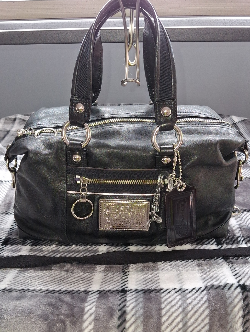 Vintage Coach Black Leather Satchel with Silver Hardware and Charms, Purple Lin.
